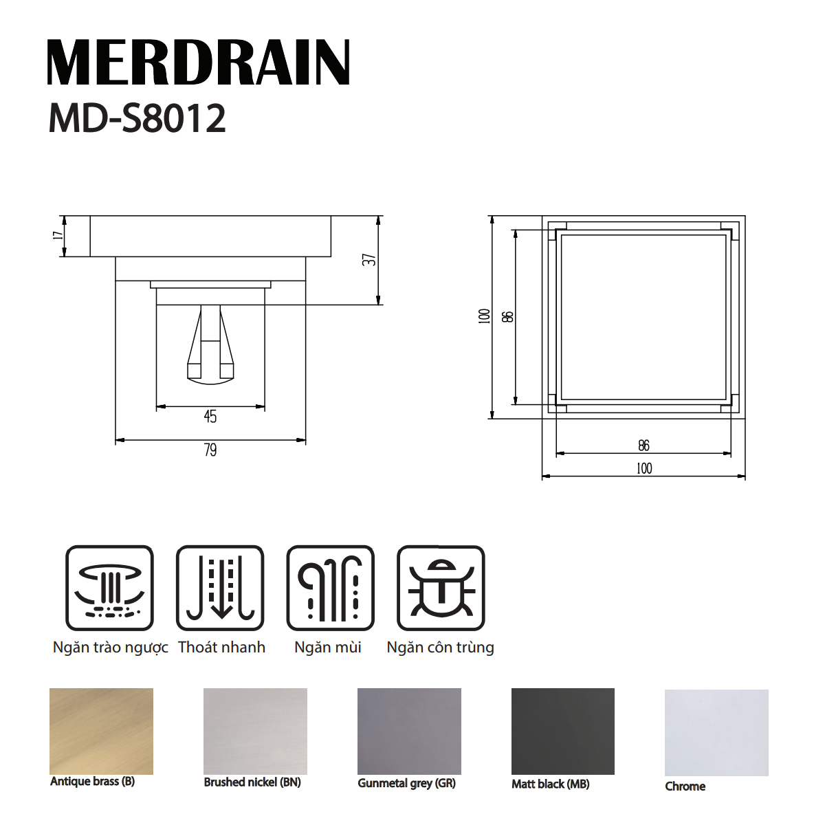 Phễu thoát sàn lát gạch 10x10cm MERDRAIN MD-S8012