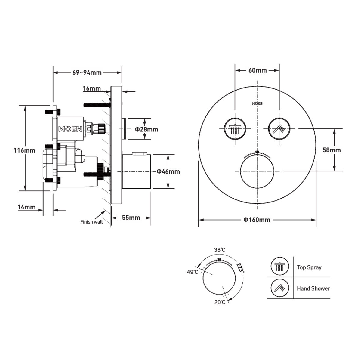 Mặt nạ âm tường điều khiển 2 chức năng MOEN UHT73342BL