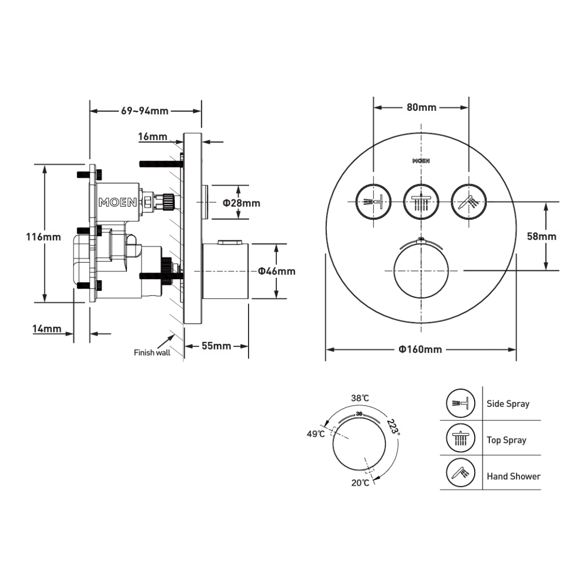Mặt nạ âm tường điều khiển 3 chức năng MOEN UHT73343BL