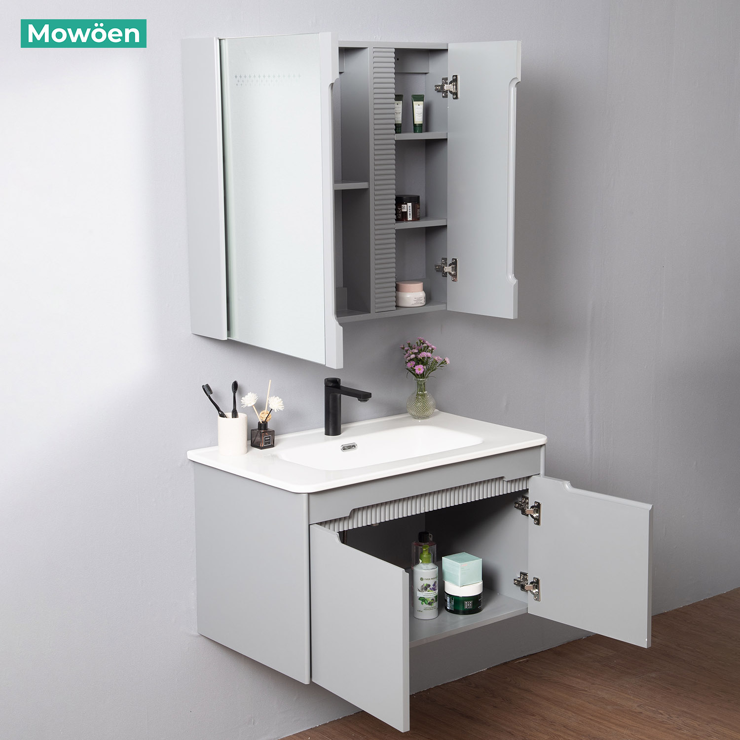 Bộ tủ chậu và tủ gương led size 800mm MOWOEN MW2701-80PVC