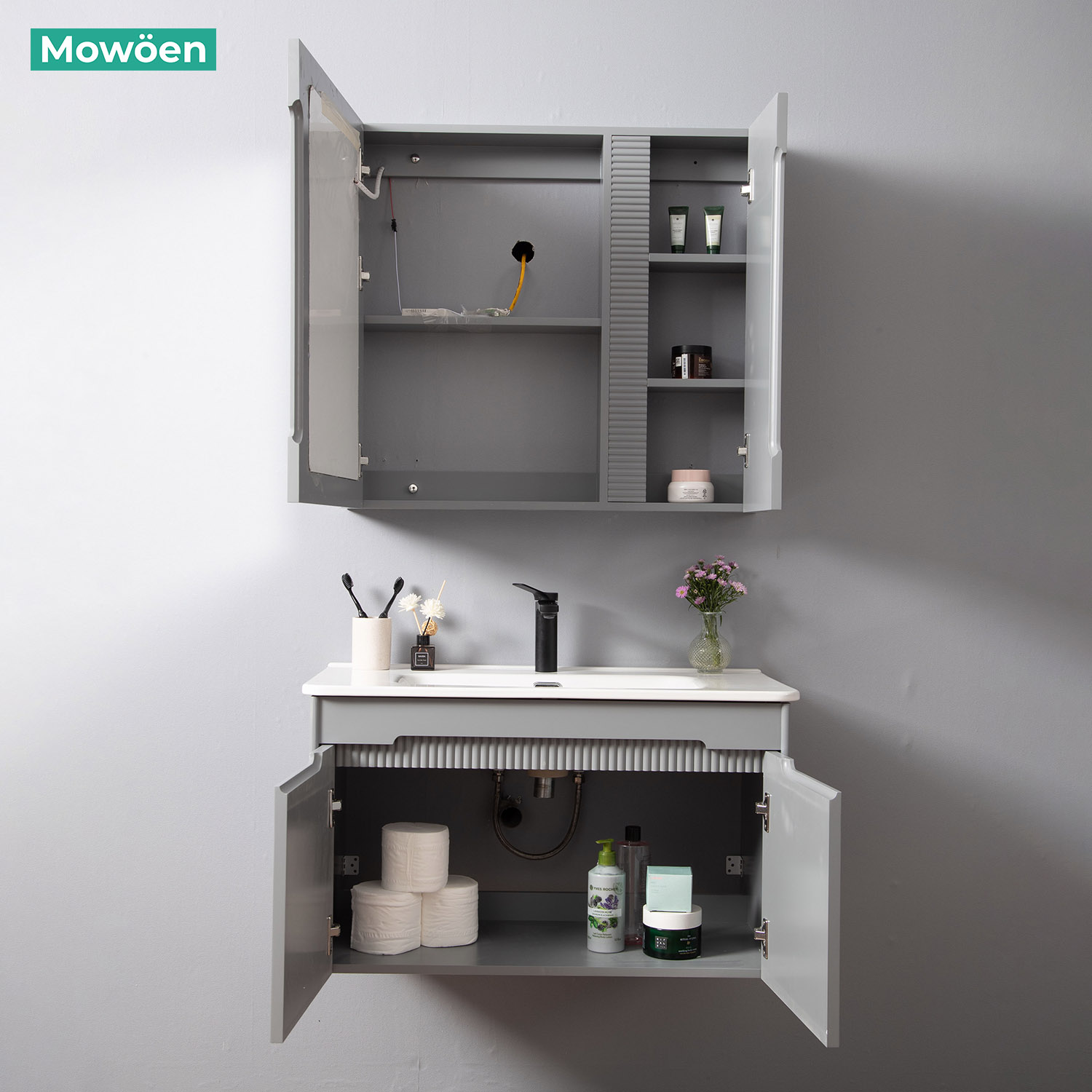 Bộ tủ chậu và tủ gương led size 800mm MOWOEN MW2701-80PVC