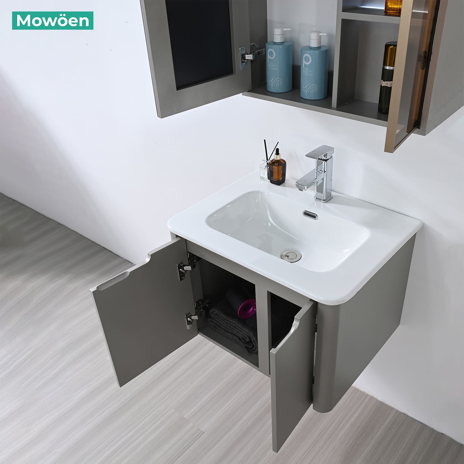 Bộ tủ chậu và tủ gương led size 600mm MOWOEN MW2710-60PVC