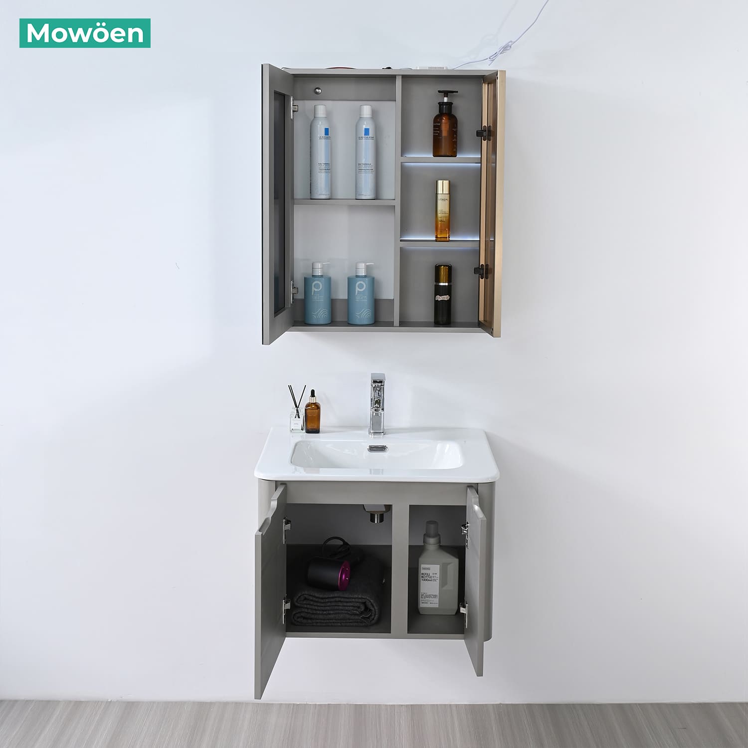 Bộ tủ chậu và tủ gương led size 600mm MOWOEN MW2710-60PVC