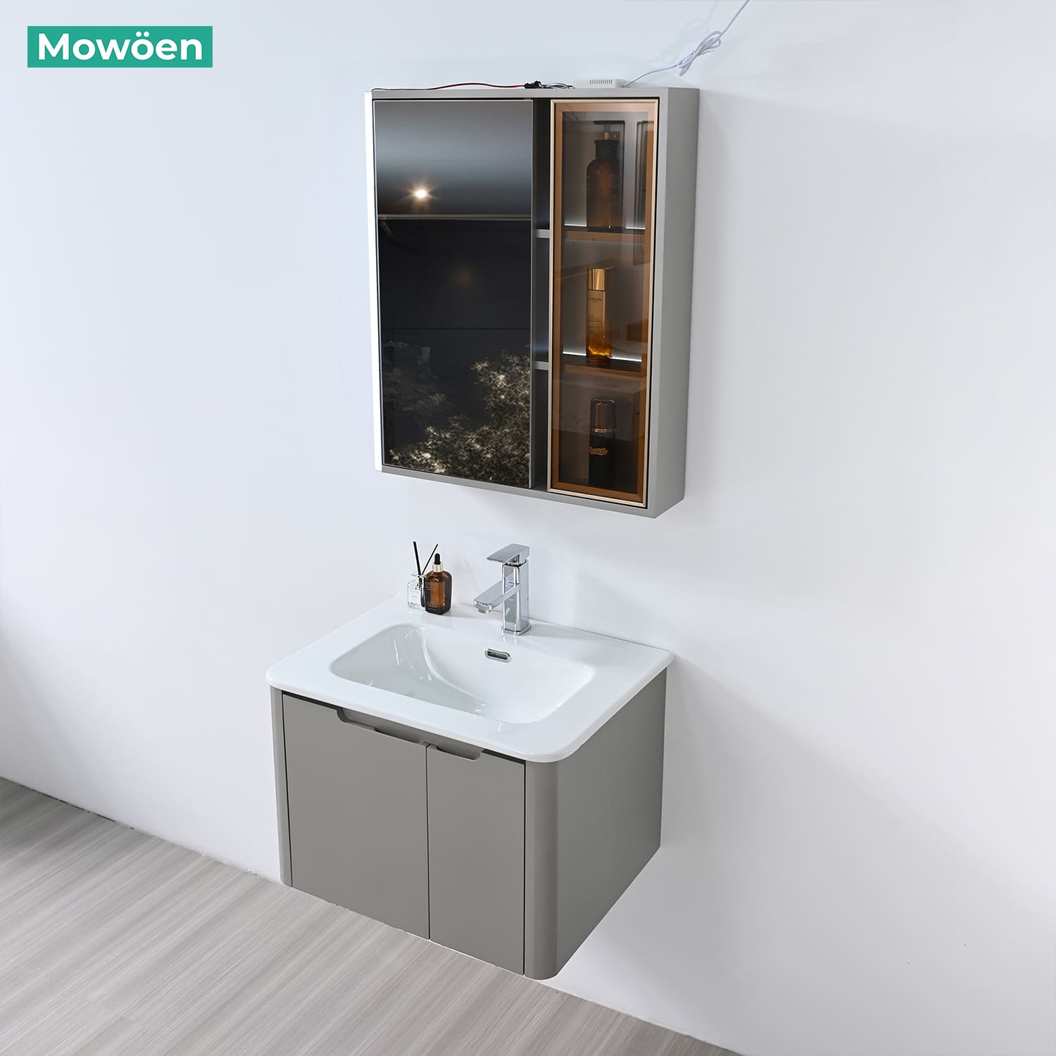 Bộ tủ chậu và tủ gương led size 600mm MOWOEN MW2710-60PVC