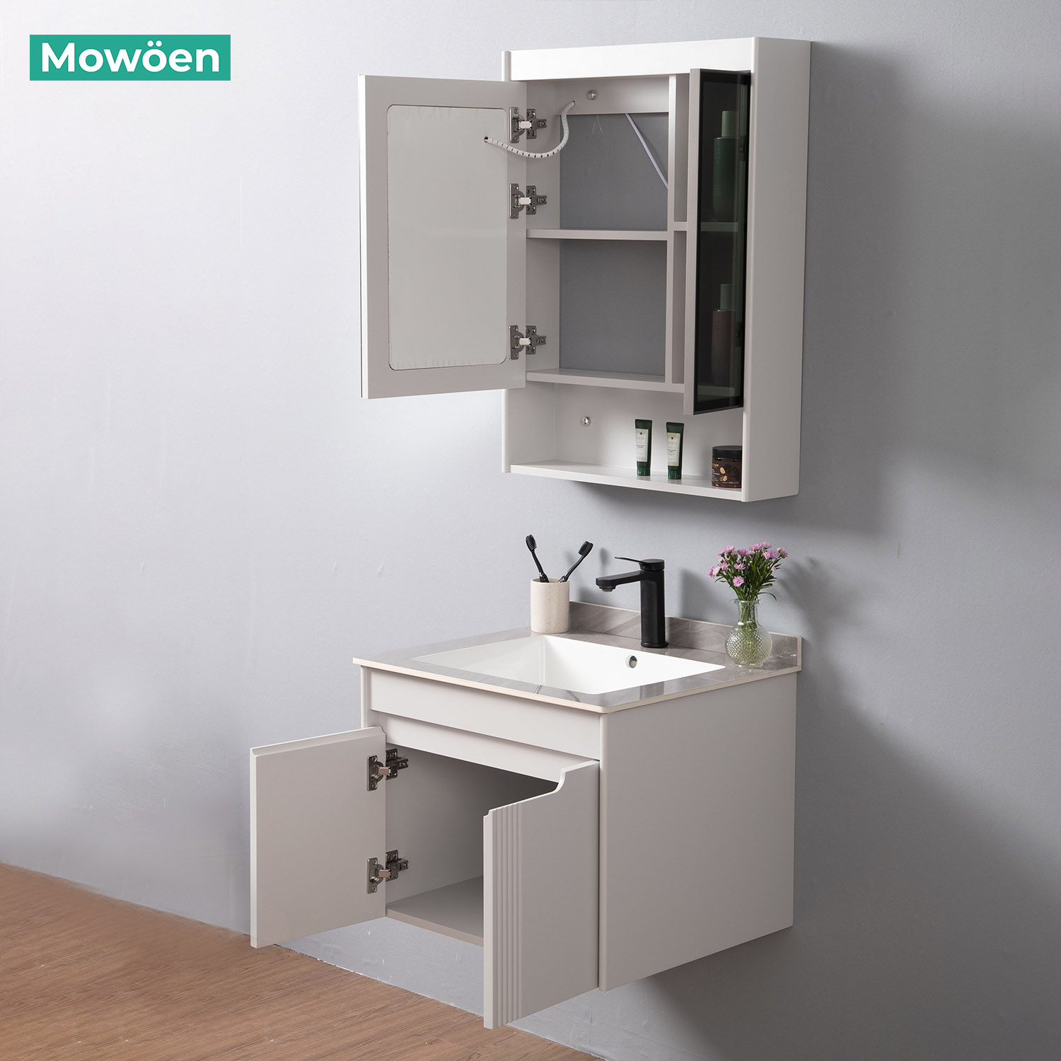 Bộ tủ chậu và tủ gương led size 600mm MOWOEN MW2805-60PVC