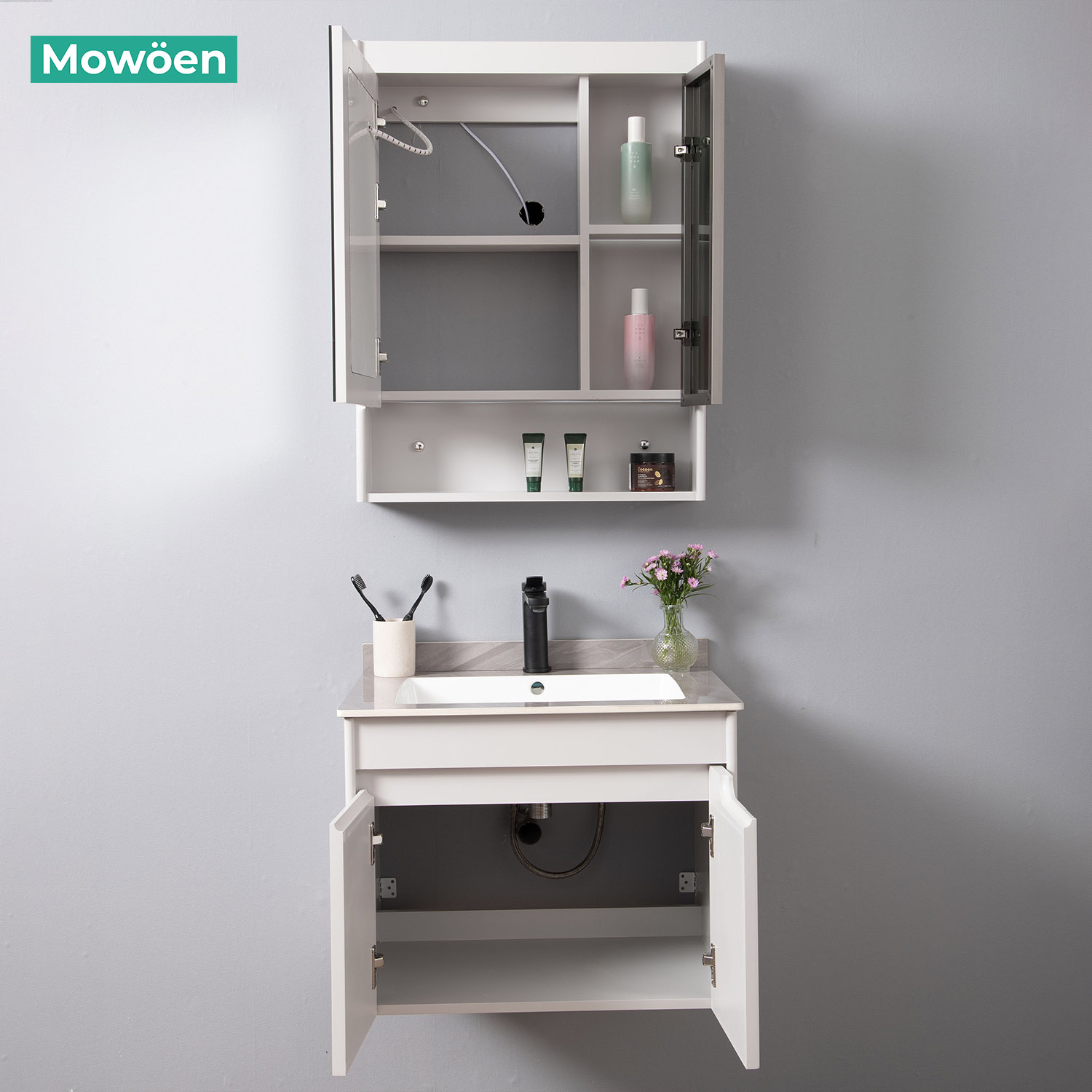 Bộ tủ chậu và tủ gương led size 600mm MOWOEN MW2805-60PVC