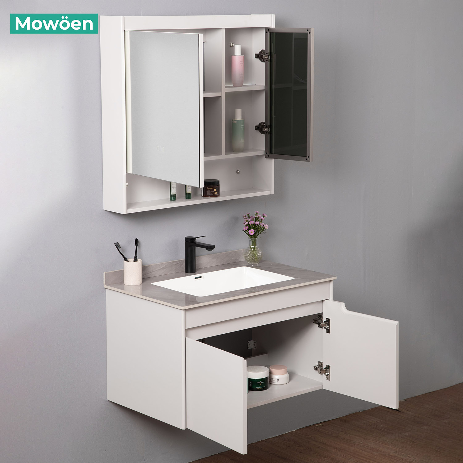 Bộ tủ chậu và tủ gương led size 800mm MOWOEN MW2805-80PVC