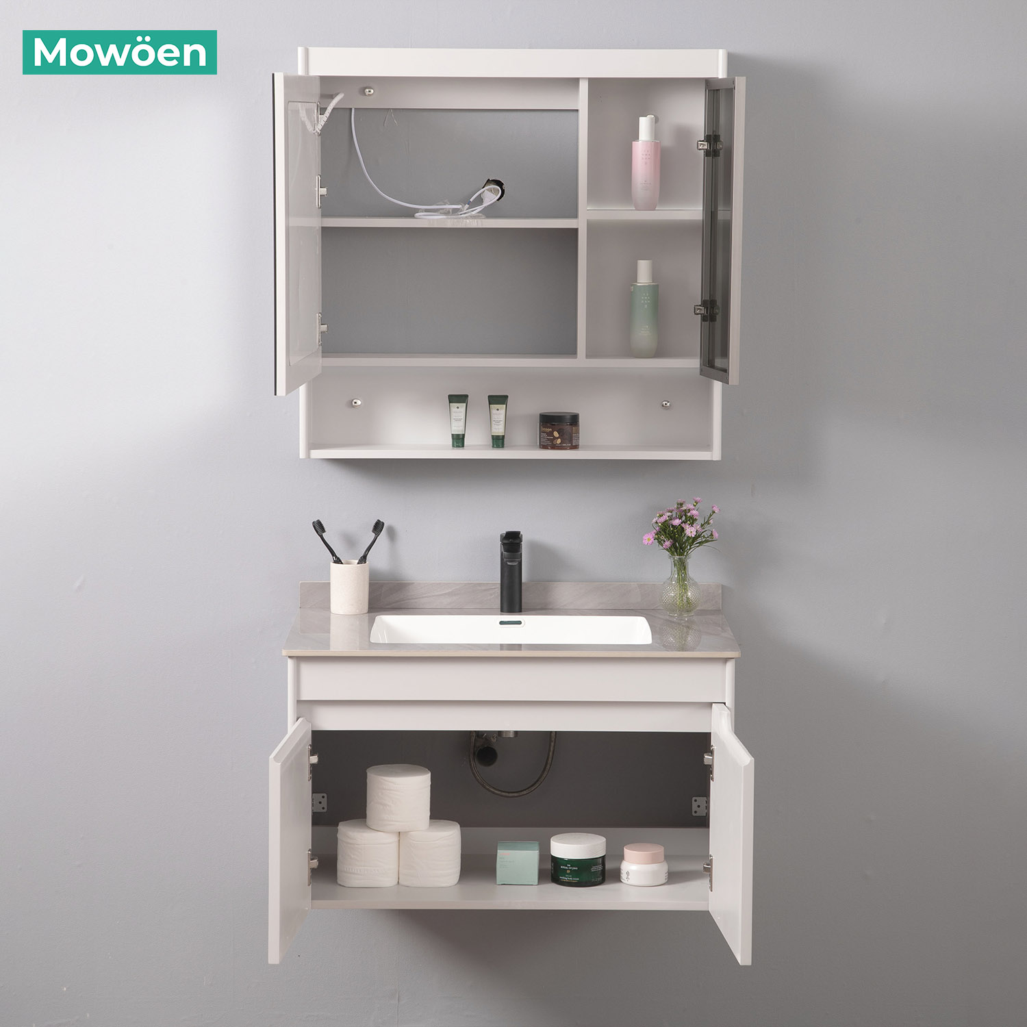 Bộ tủ chậu và tủ gương led size 800mm MOWOEN MW2805-80PVC