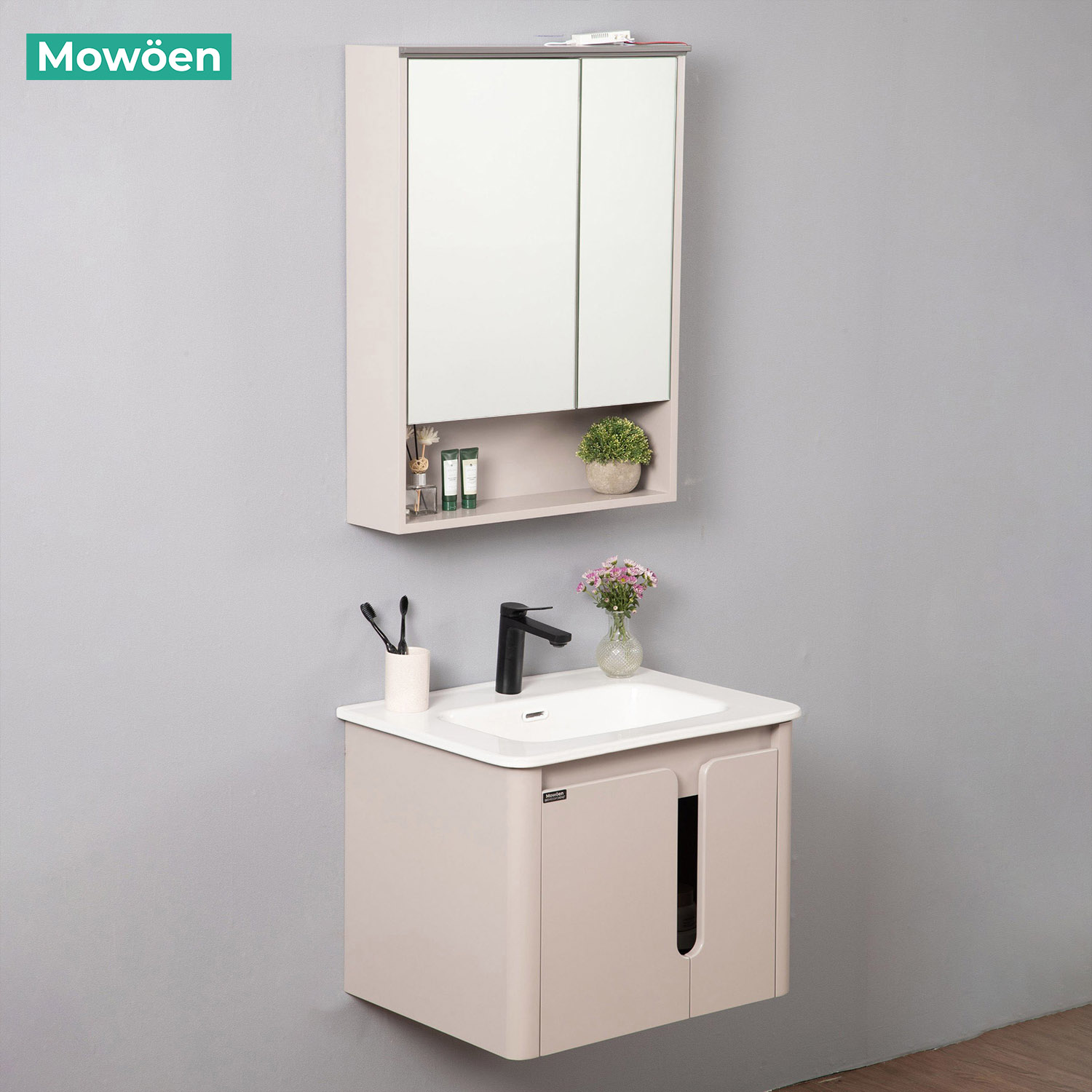 Bộ tủ chậu và tủ gương led size 600mm MOWOEN MW2807-60PVC