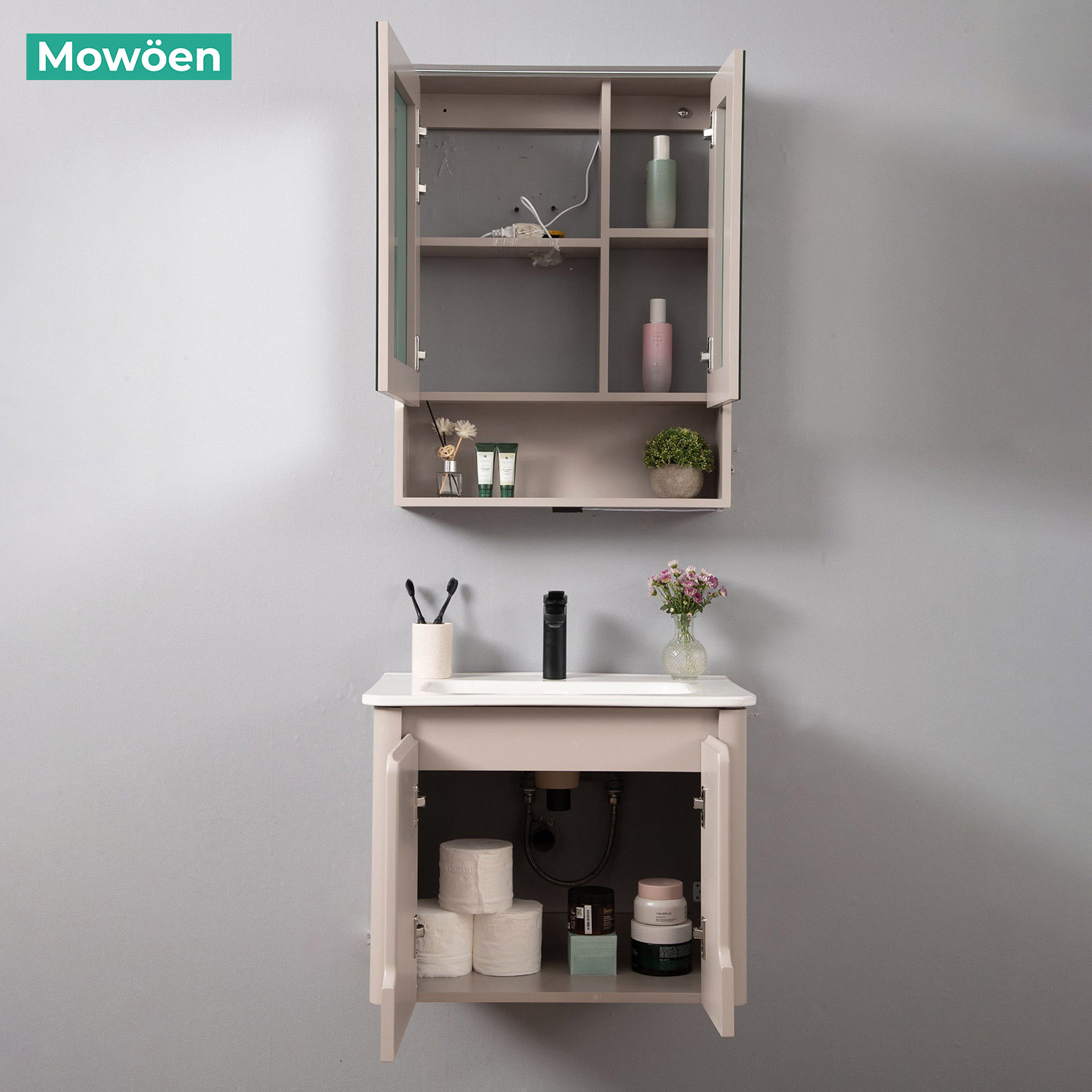 Bộ tủ chậu và tủ gương led size 600mm MOWOEN MW2807-60PVC