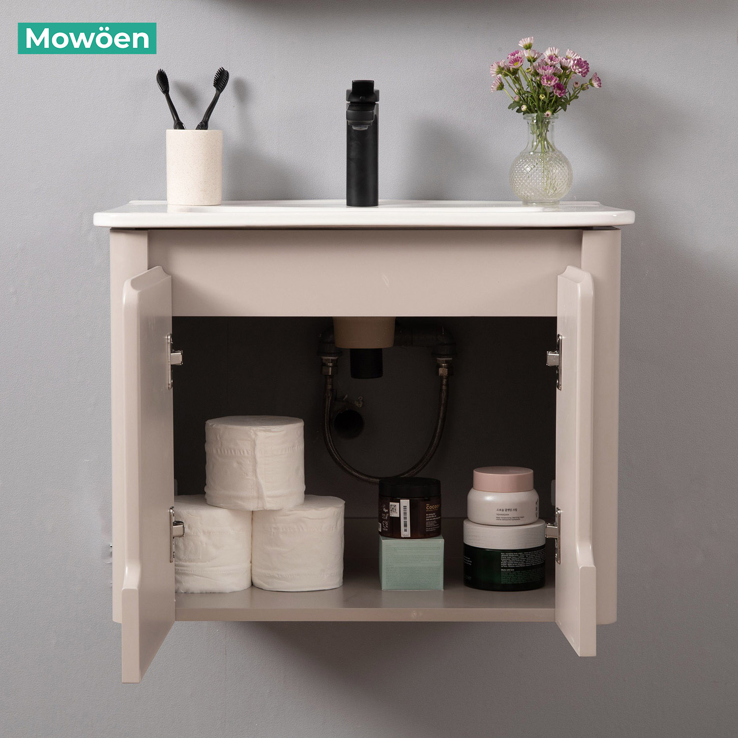 Bộ tủ chậu và tủ gương led size 600mm MOWOEN MW2807-60PVC