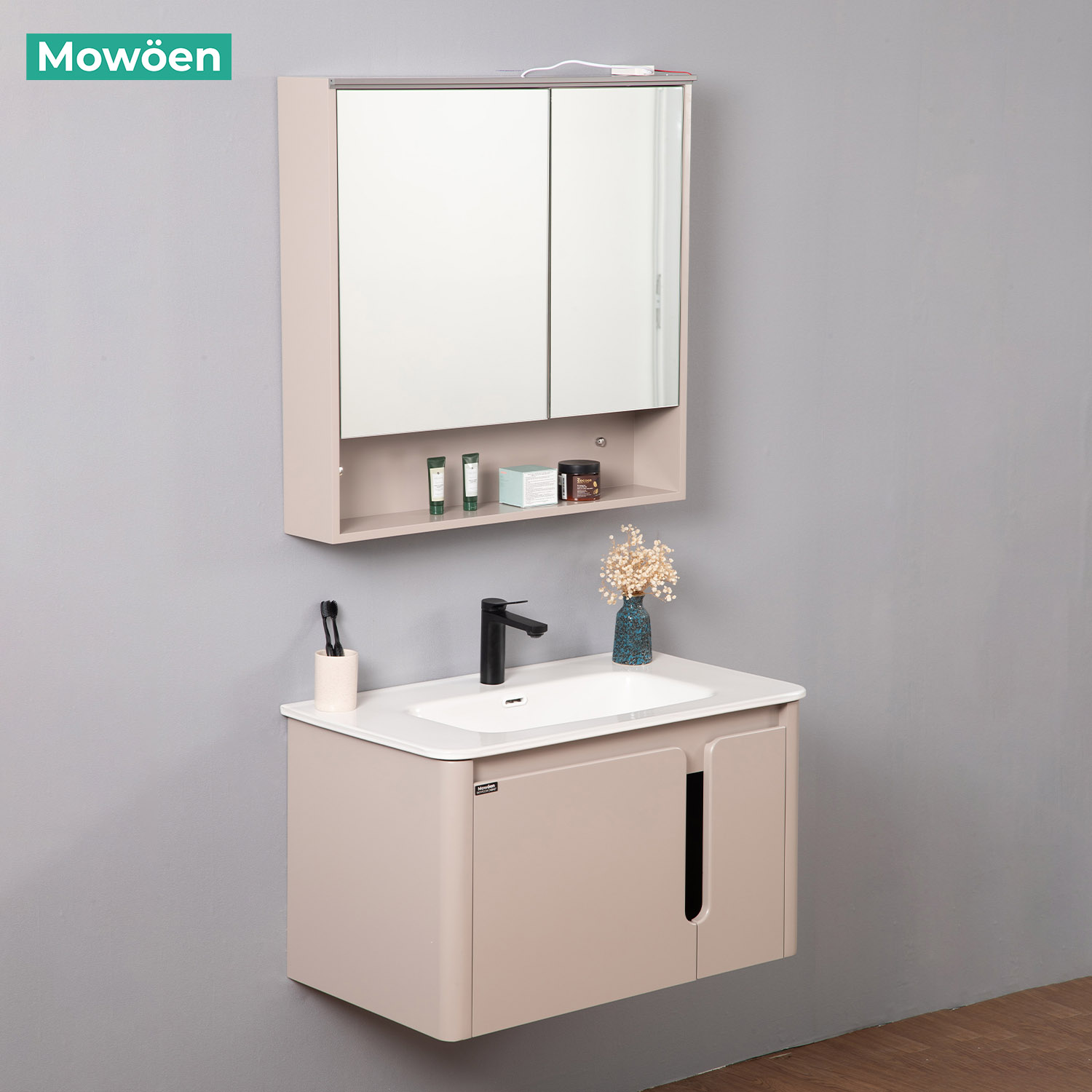 Bộ tủ chậu và tủ gương led size 800mm MOWOEN MW2807-80PVC