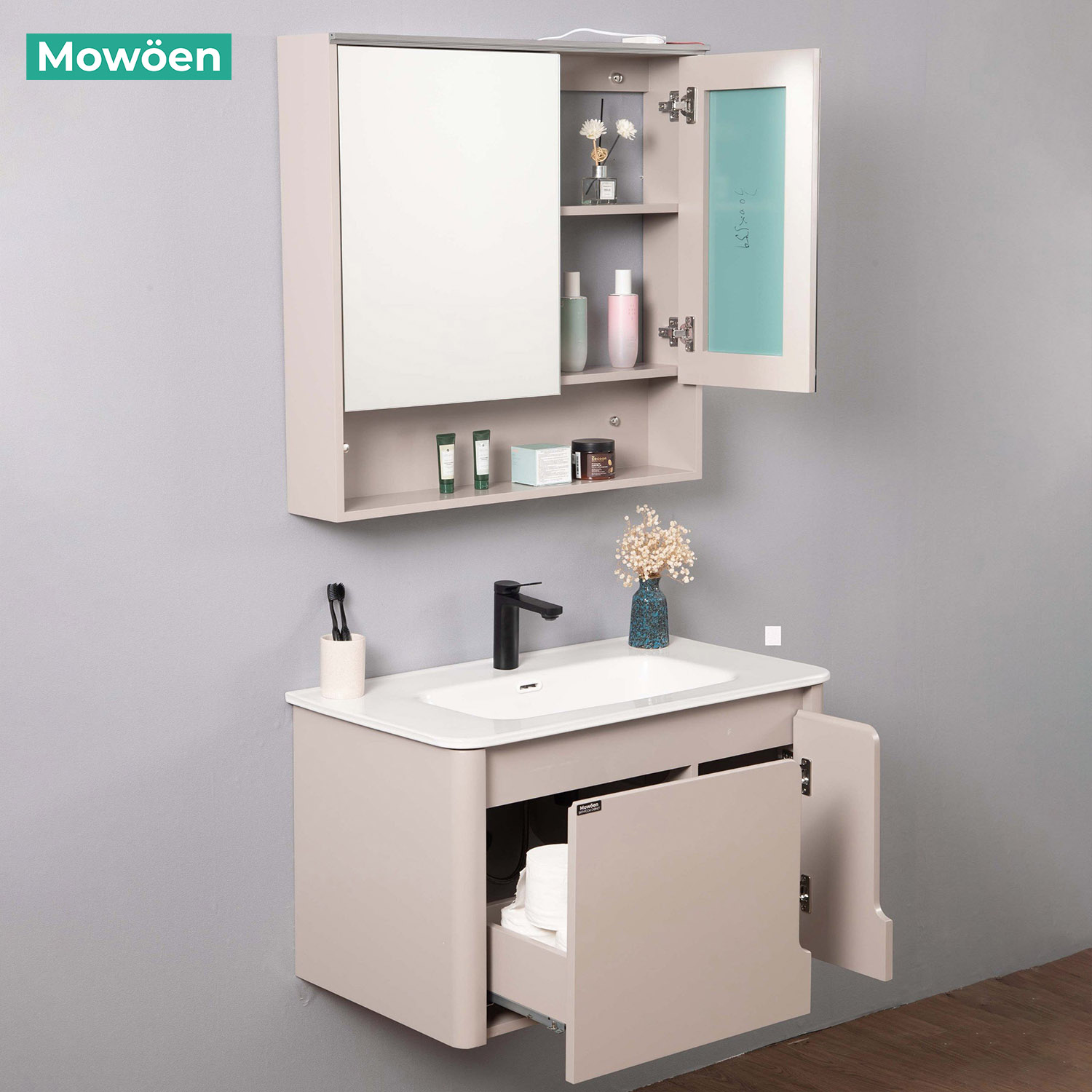 Bộ tủ chậu và tủ gương led size 800mm MOWOEN MW2807-80PVC