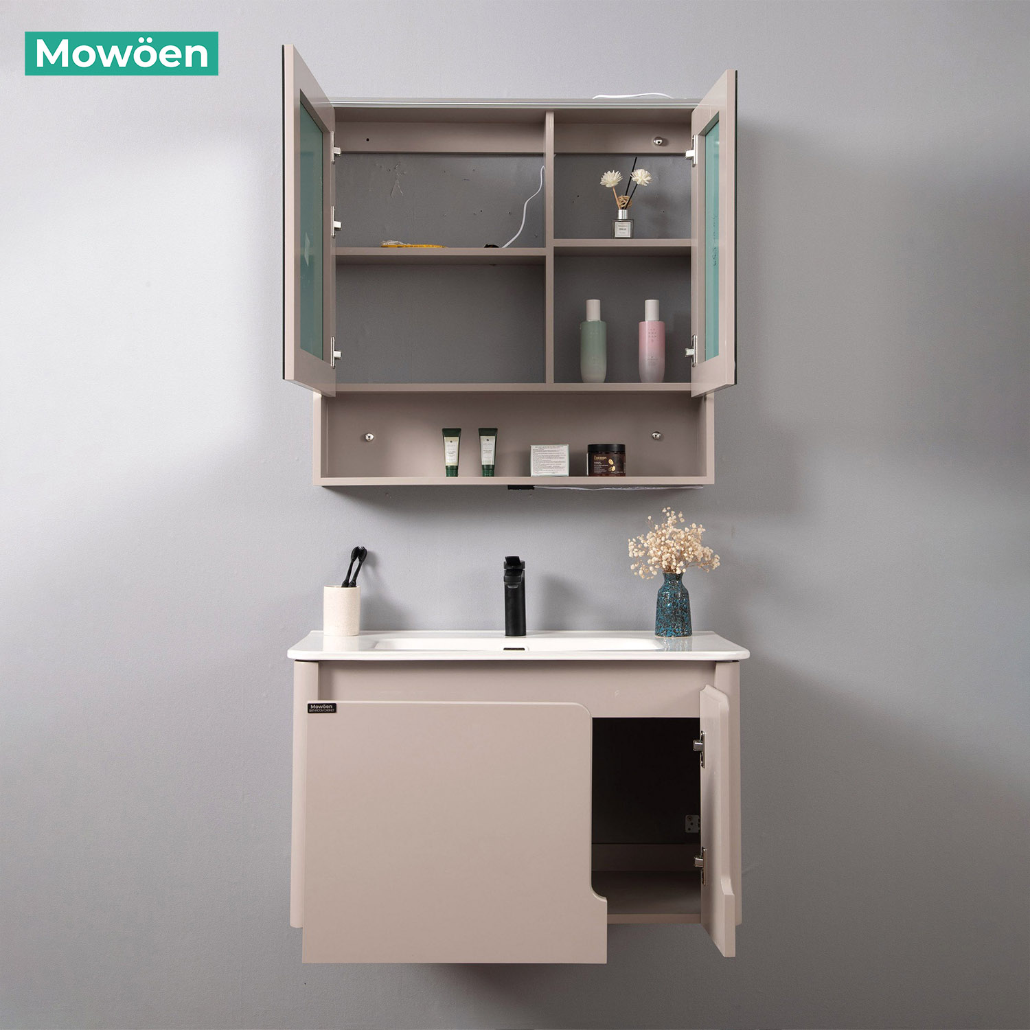 Bộ tủ chậu và tủ gương led size 800mm MOWOEN MW2807-80PVC