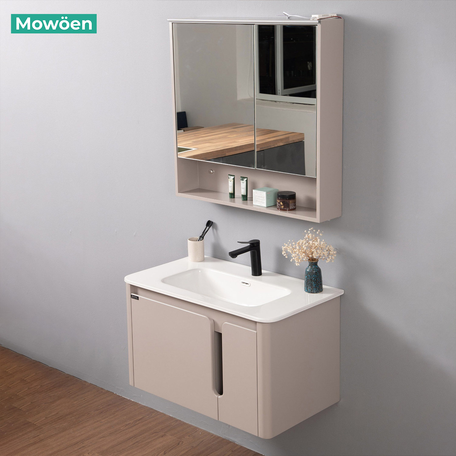 Bộ tủ chậu và tủ gương led size 800mm MOWOEN MW2807-80PVC