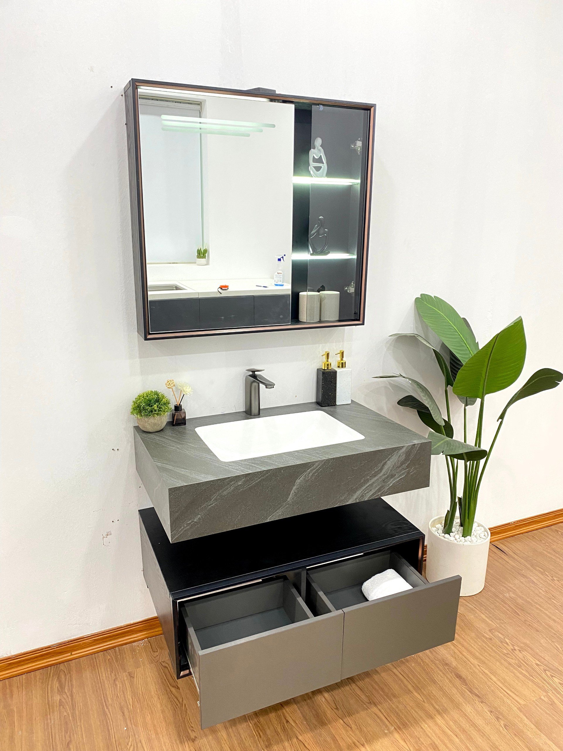 Bộ tủ chậu và tủ gương led size 800mm MOWOEN MW6630-80SB