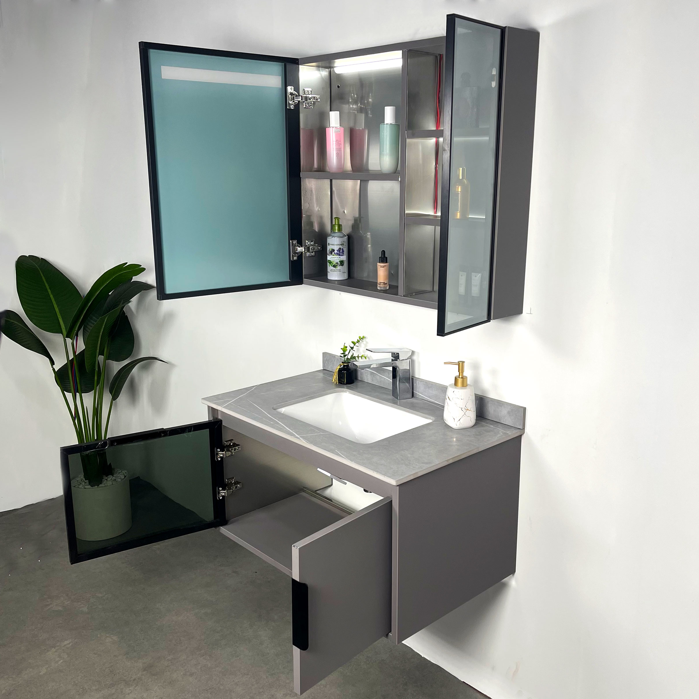 Bộ tủ chậu và gương led size 800mm MOWOEN MW6809S-80