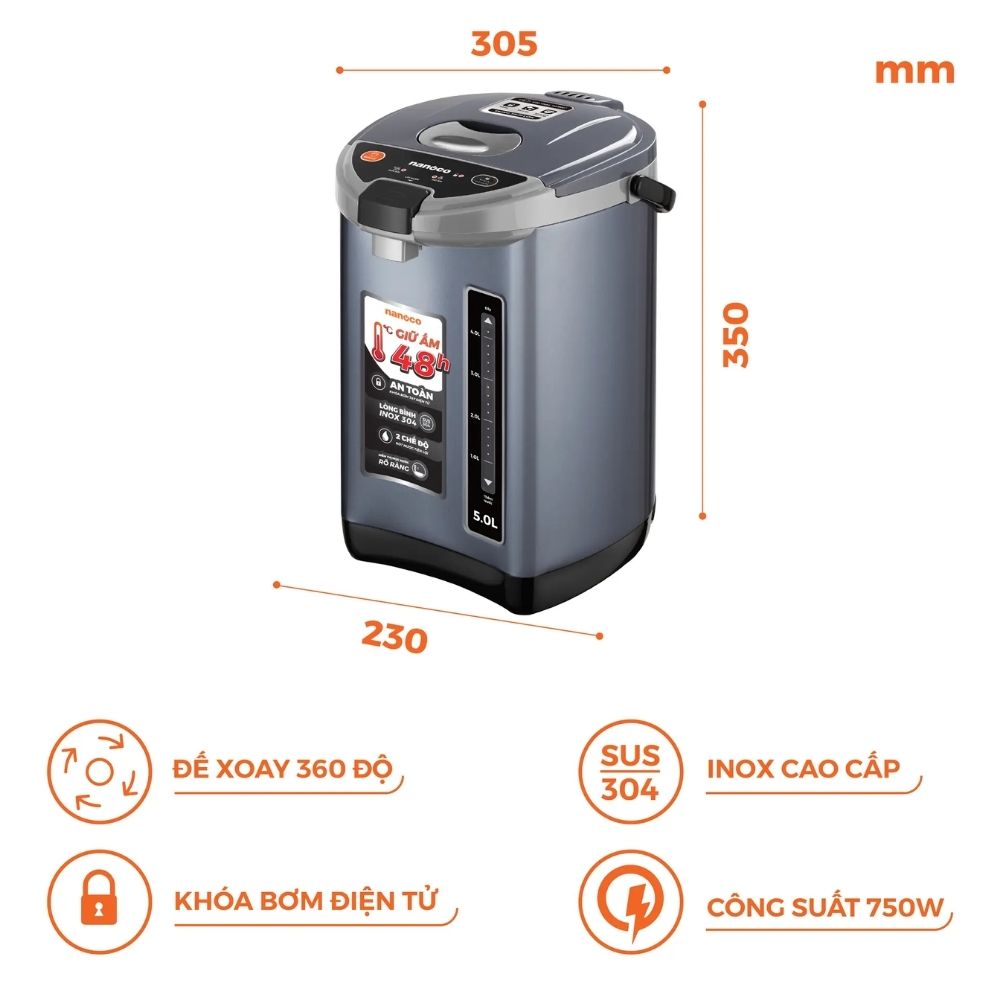 Bình thủy điện 5L Nanoco NETF500