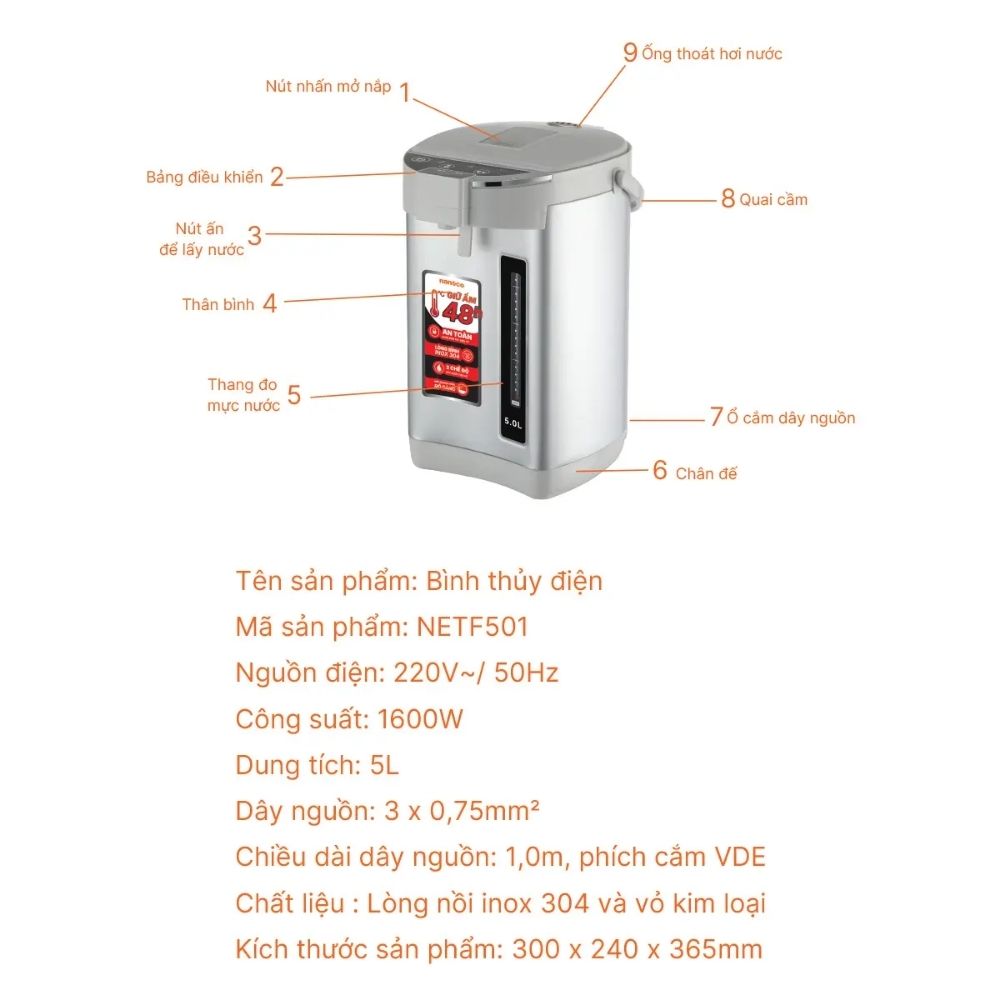 Bình thủy điện 5L Nanoco NETF501