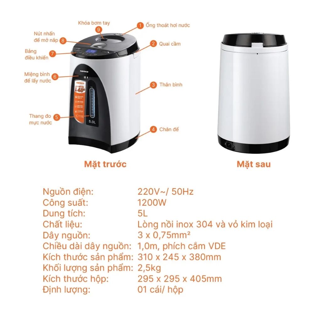 Bình thủy điện 5L Nanoco NETF502
