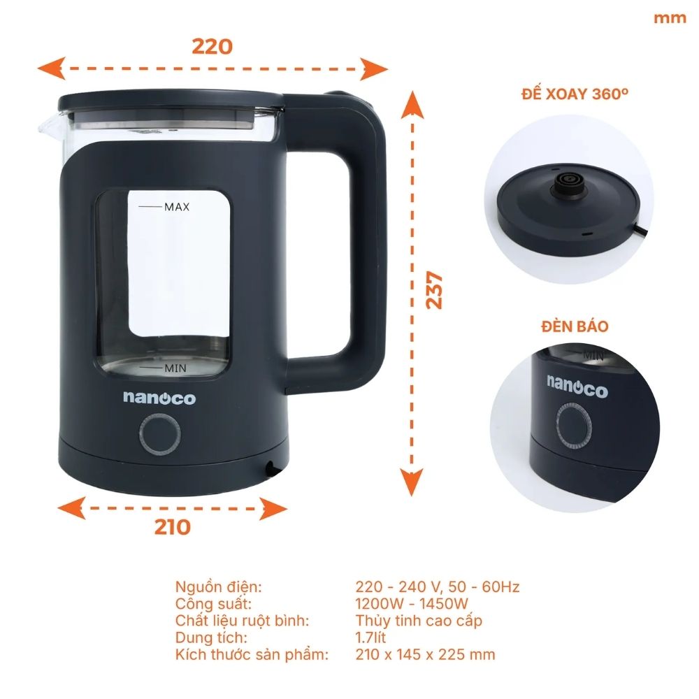 Bình đun siêu tốc 1.7L Nanoco NKT1761