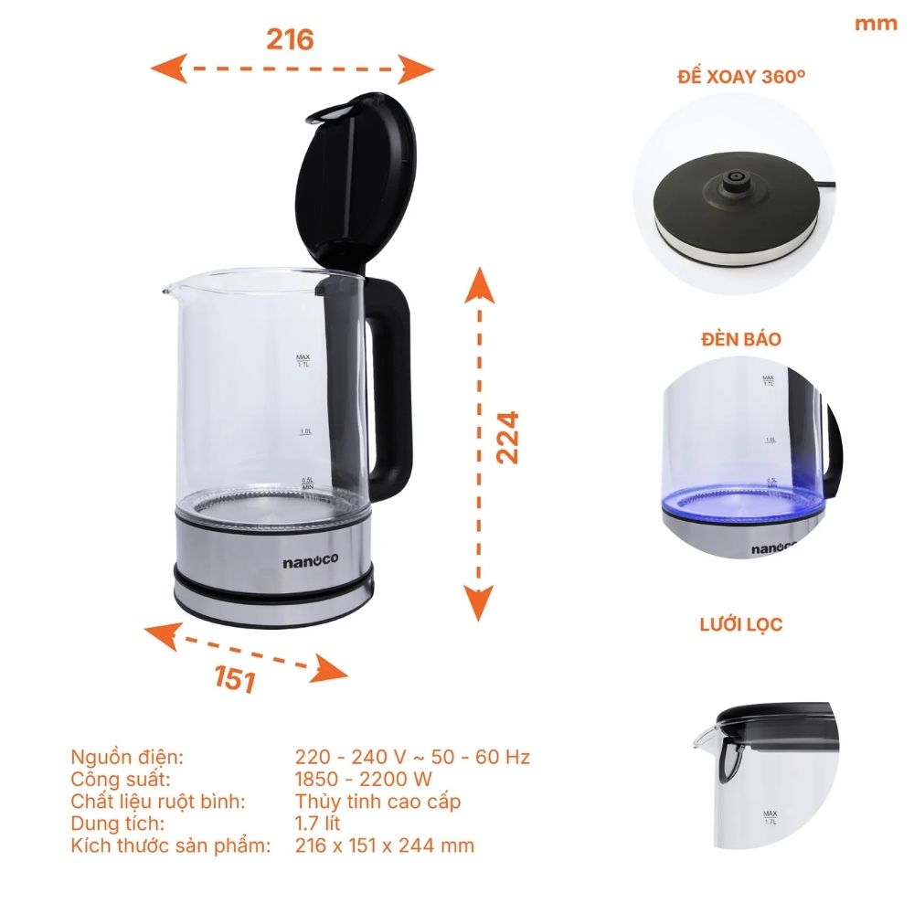 Bình đun siêu tốc 1.7L Nanoco NKT1790