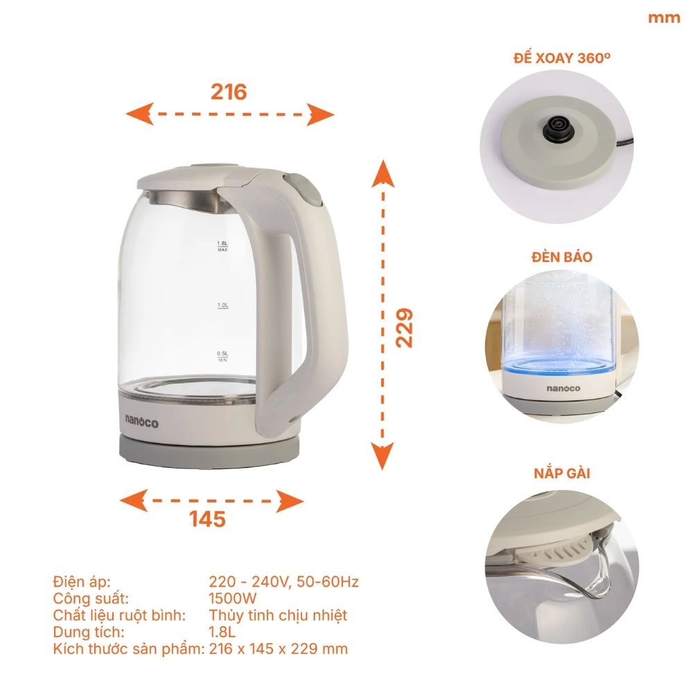 Bình đun siêu tốc 1.8L Nanoco NKT1875W