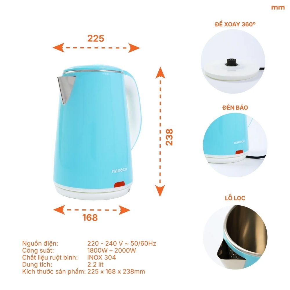 Bình đun siêu tốc 2.2L Nanoco NKT2241B