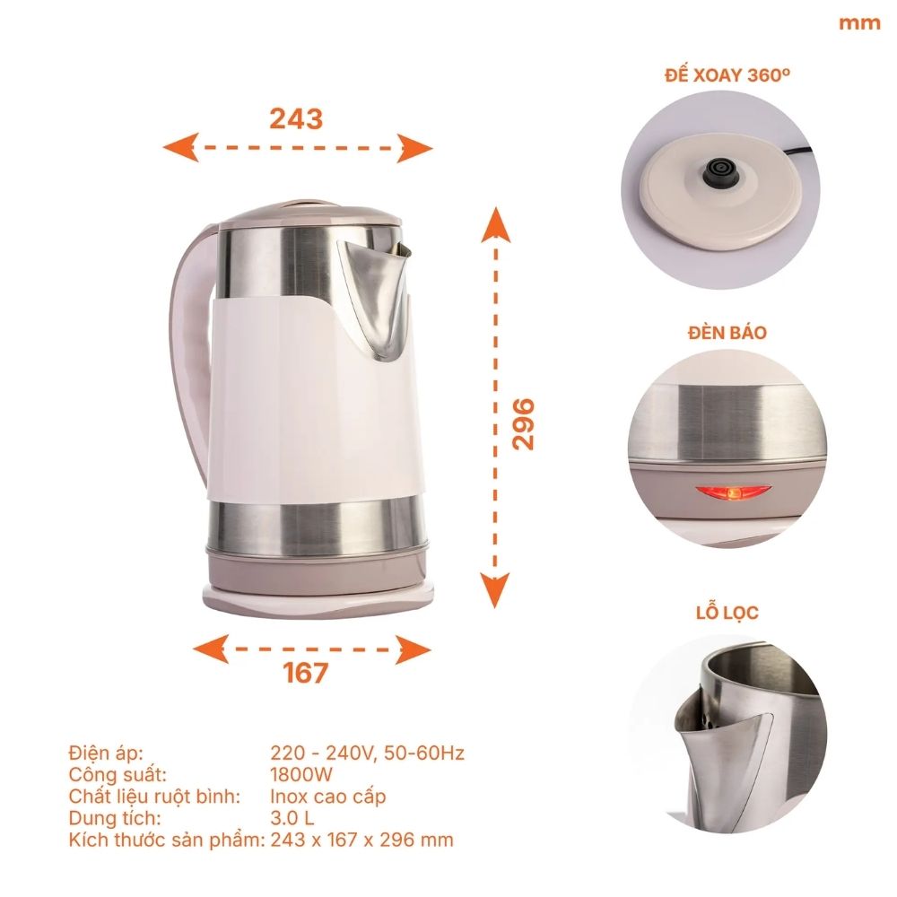 Bình đun siêu tốc 3L Nanoco NKT3018BR