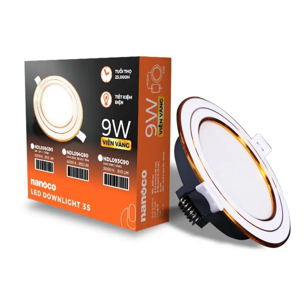 Đèn LED Dowlight 3S Series 9W Nanoco NDL09 viền vàng