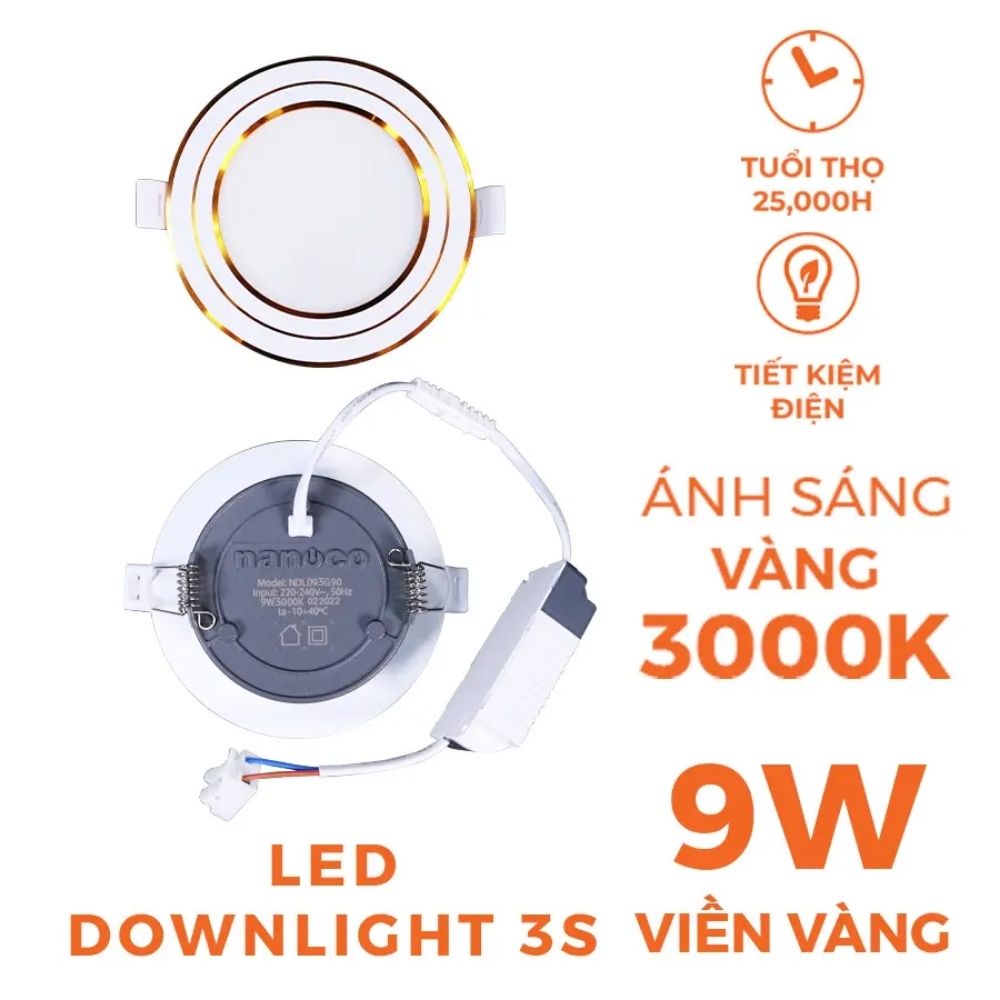 Đèn LED Dowlight 3S Series 9W Nanoco NDL09 viền vàng