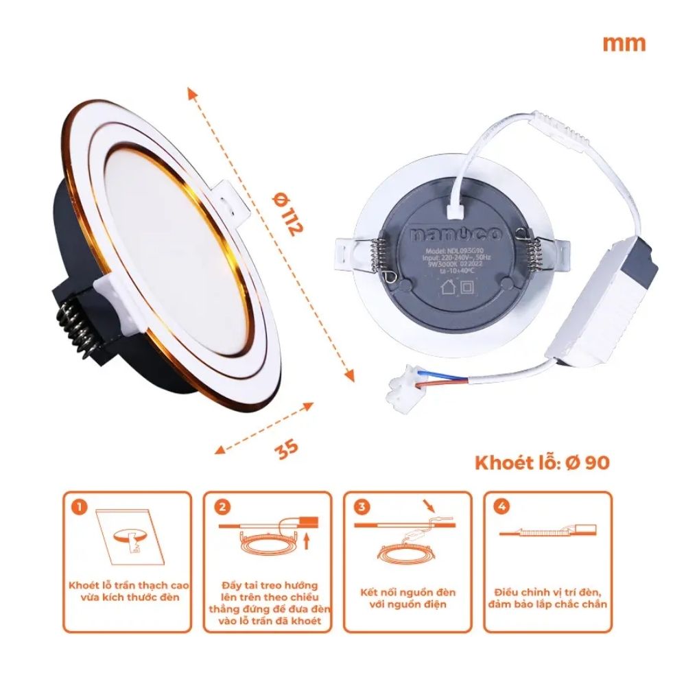Đèn LED Dowlight 3S Series 9W Nanoco NDL09 viền vàng