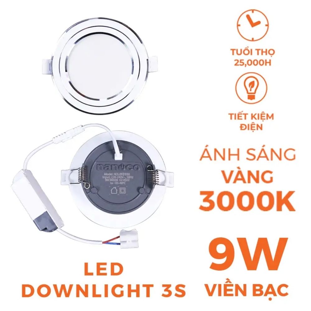 Đèn LED Dowlight 3S Series 9W Nanoco NDL09 viền bạc