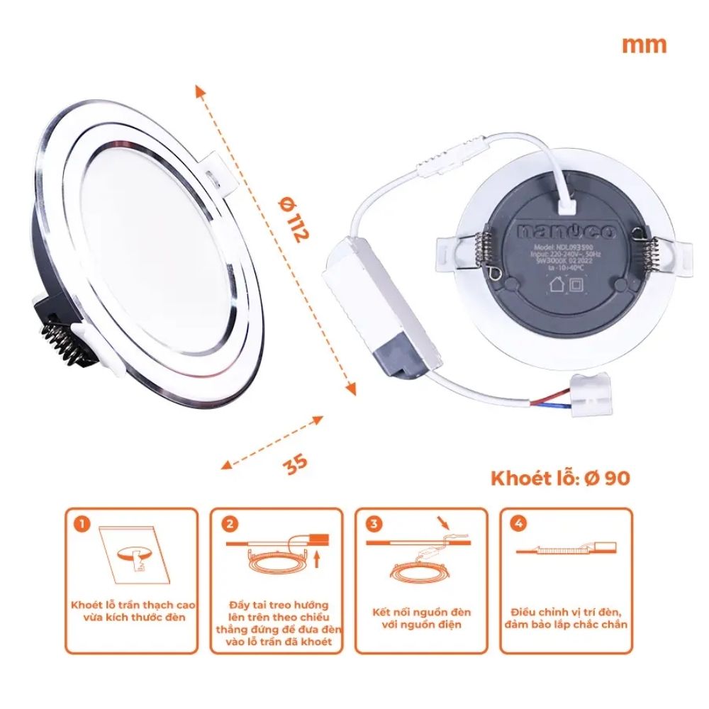 Đèn LED Dowlight 3S Series 9W Nanoco NDL09 viền bạc