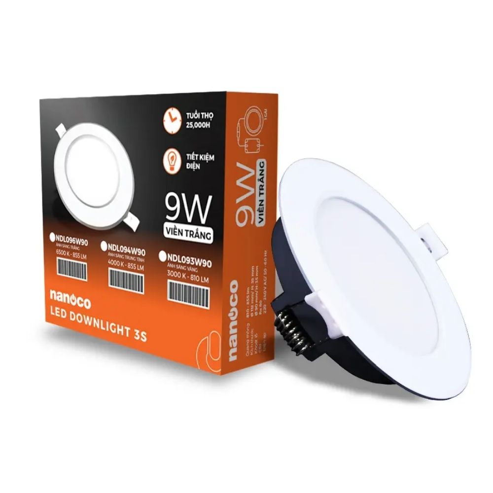 Đèn LED Dowlight 3S Series 9W Nanoco NDL09 viền trắng