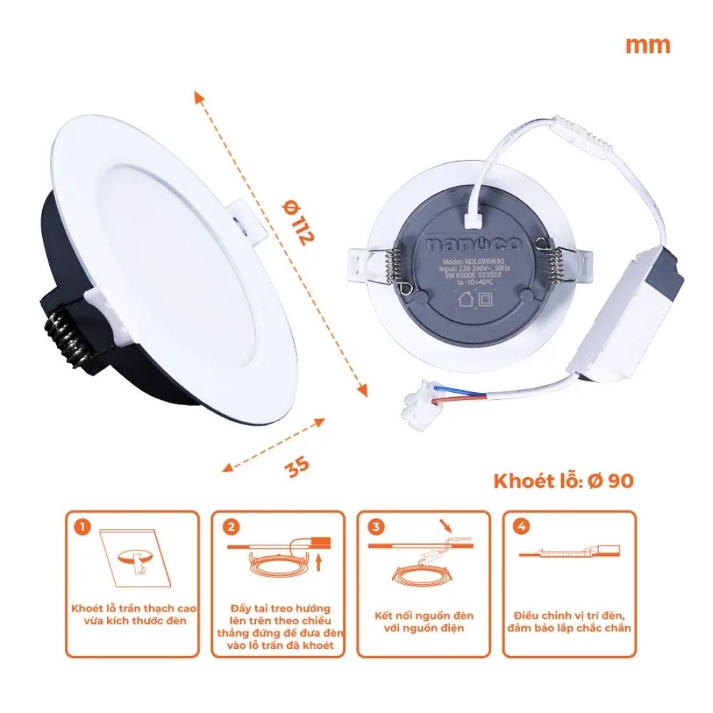 Đèn LED Dowlight 3S Series 9W Nanoco NDL09 viền trắng