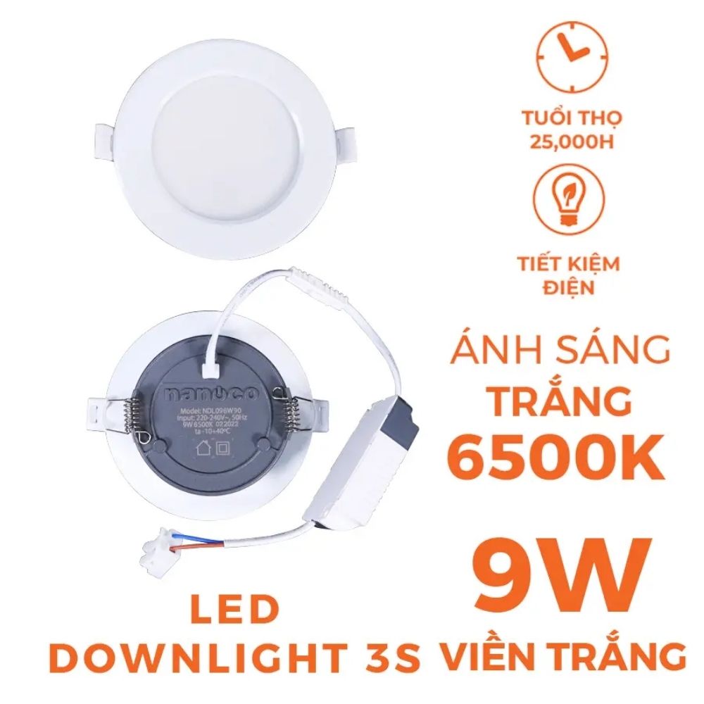 Đèn LED Dowlight 3S Series 9W Nanoco NDL09 viền trắng