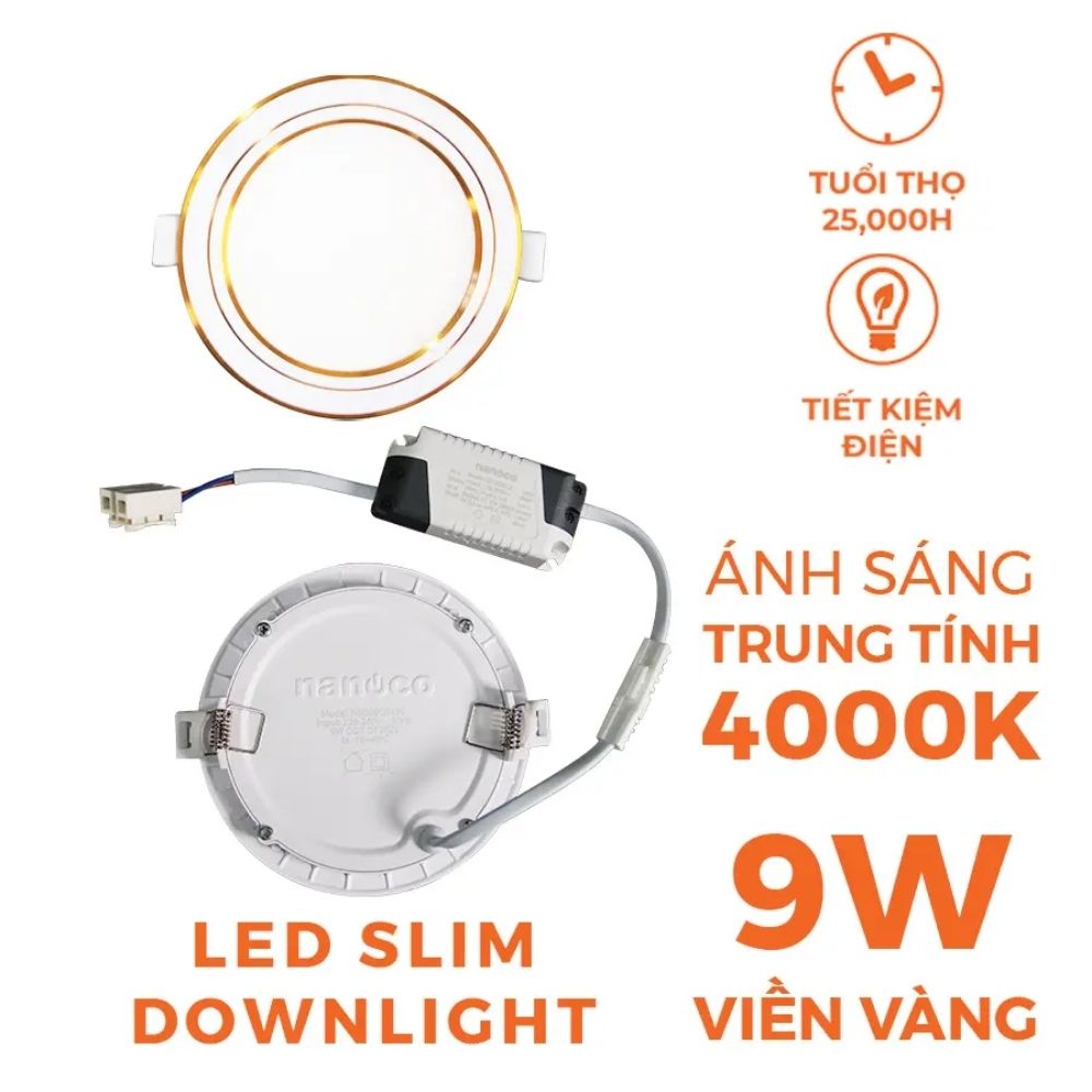 Đèn LED Slim Panel âm trần 9W Nanoco NSD09 Hera Series viền vàng