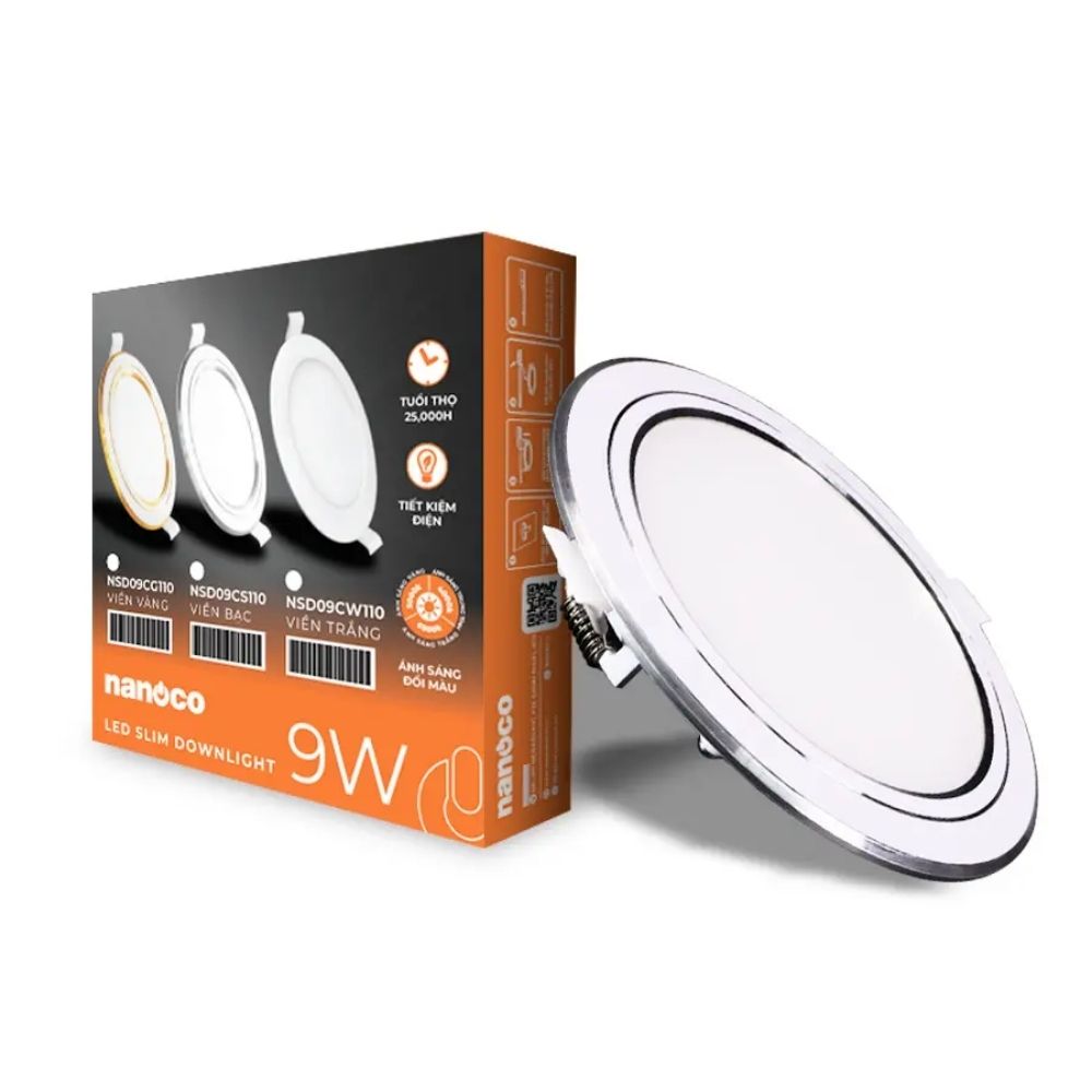 Đèn LED Slim Panel âm trần 9W Nanoco NSD09 Hera Series viền bạc