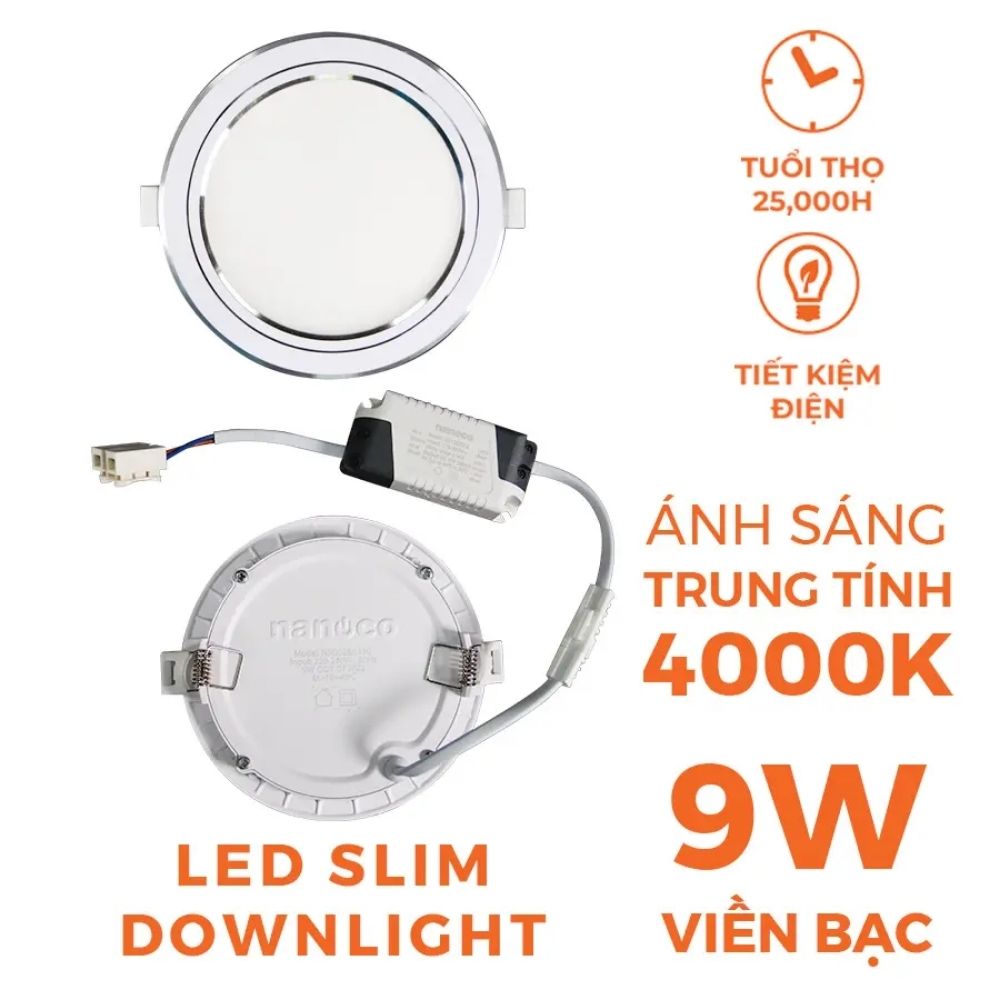 Đèn LED Slim Panel âm trần 9W Nanoco NSD09 Hera Series viền bạc