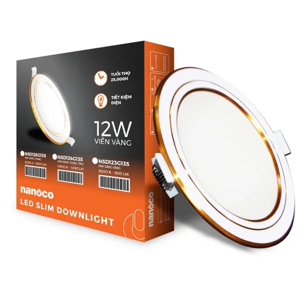 Đèn LED Slim Panel âm trần 12W Nanoco NSD12 Hera Series viền vàng