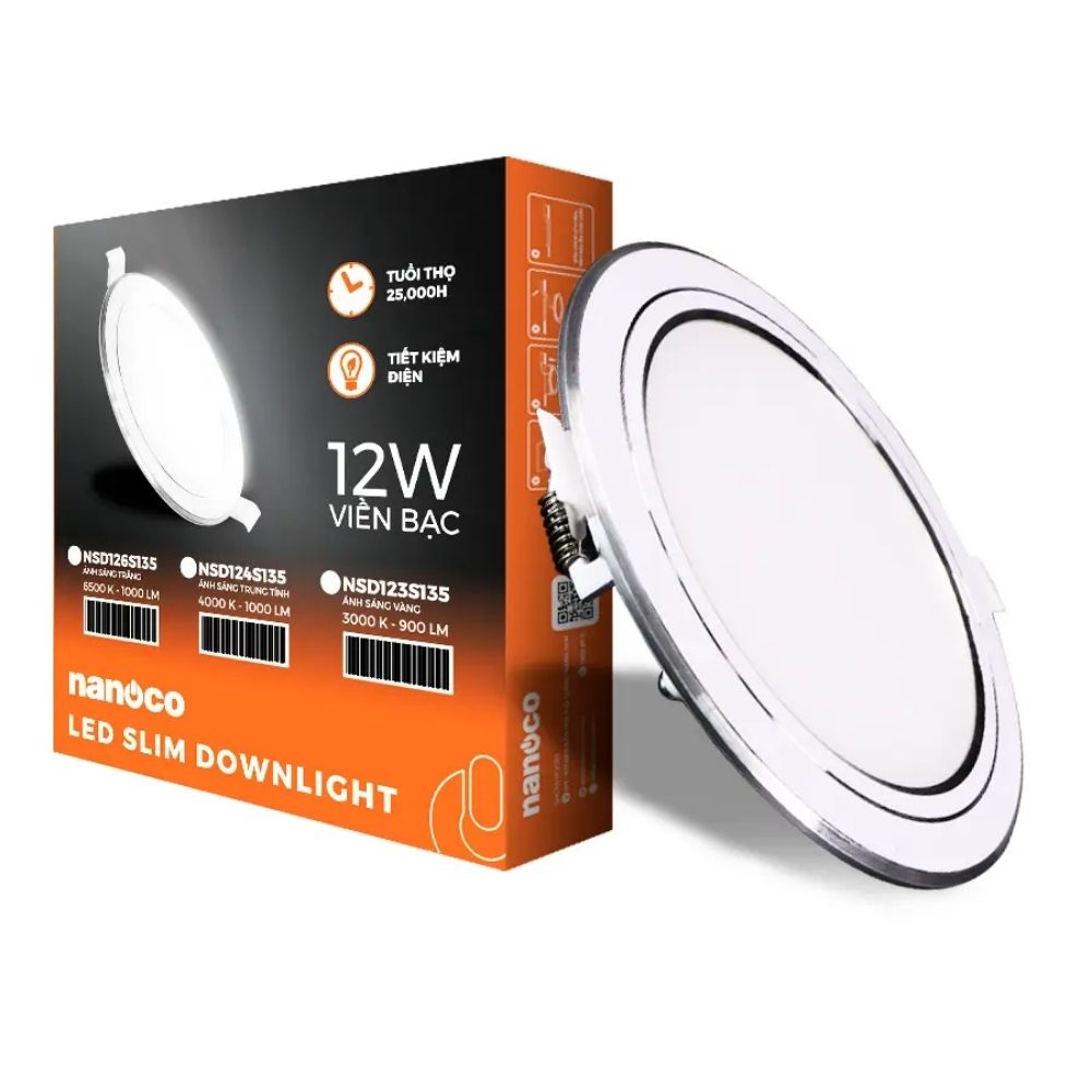 Đèn LED Slim Panel âm trần 12W Nanoco NSD12 Hera Series viền bạc