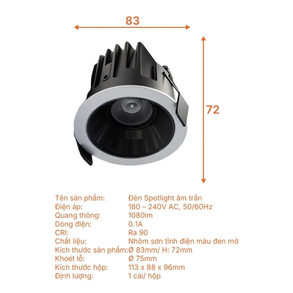 Đèn Spotlight âm trần chóa đen 12W Nanoco NSP12WB
