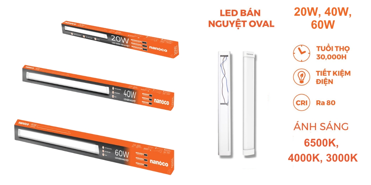 Đèn Led bán nguyệt Oval khung nhôm chóa nhựa PC 0.6m / 1.2m Nanoco NSHO