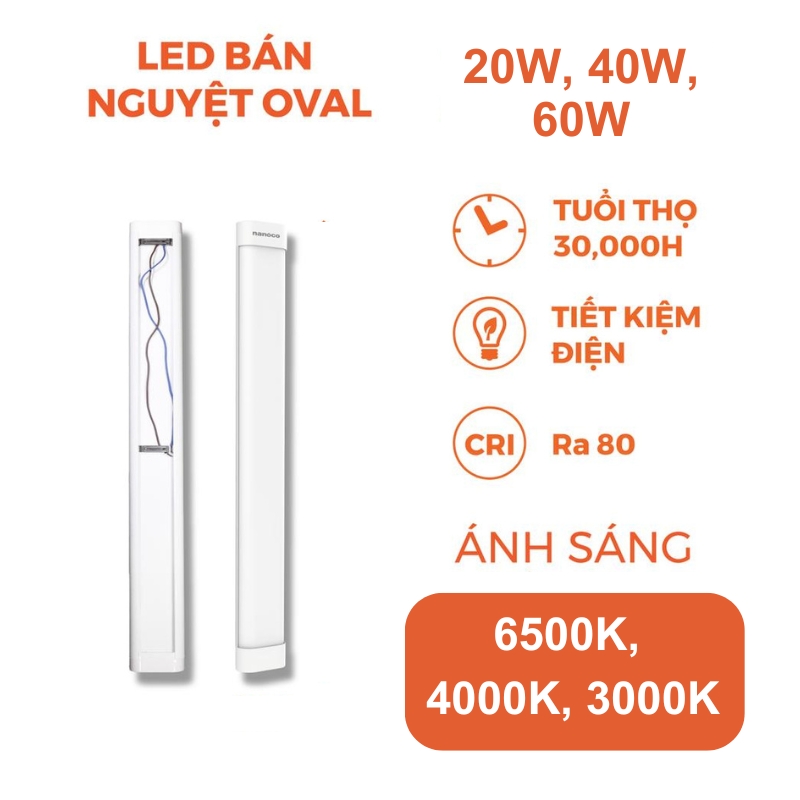 Đèn Led bán nguyệt Oval khung nhôm chóa nhựa PC 0.6m / 1.2m Nanoco NSHO