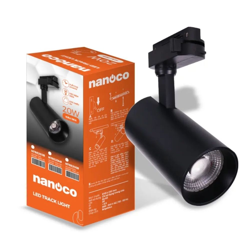 Đèn LED Track Light T2 20W Nanoco NTRE203B Eira Serires màu đen