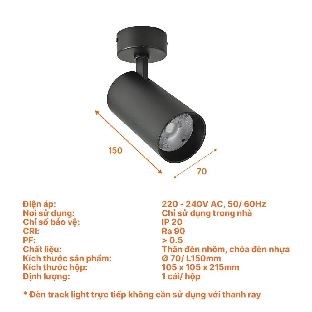 Đèn Track Light T2 20W Nanoco NTRS205B Sora Series màu đen