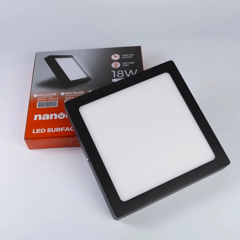 Đèn LED ốp trần nổi vuông 18W Nanoco NPL18 viền đen