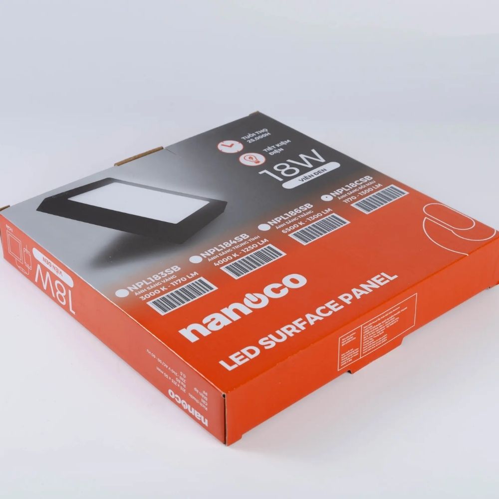 Đèn LED ốp trần nổi vuông 18W Nanoco NPL18 viền đen