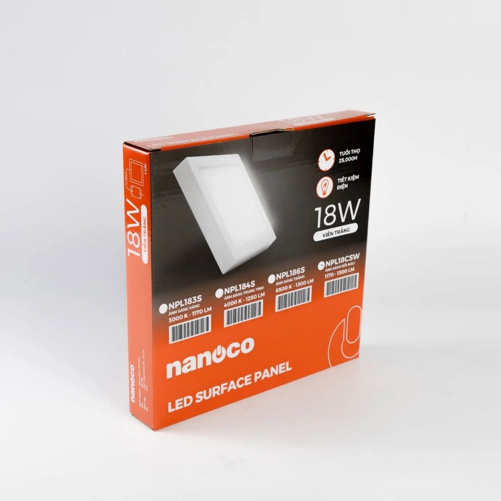 Đèn LED ốp trần nổi vuông 18W Nanoco NPL18 viền trắng